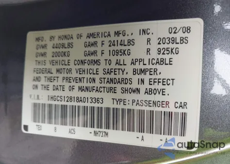 2008 Honda Accord 2.4 Ex-L z USA, uszkodzony, nr VIN 1HGCS12818A013363